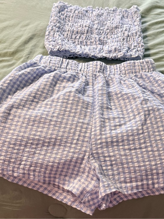 Altar'd State Pants - Altar'd State Light Blue and White Gingham 2 piece Short Set